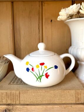Vintage White Floral Ceramic Teapot with Red, Blue & Yellow Flowers